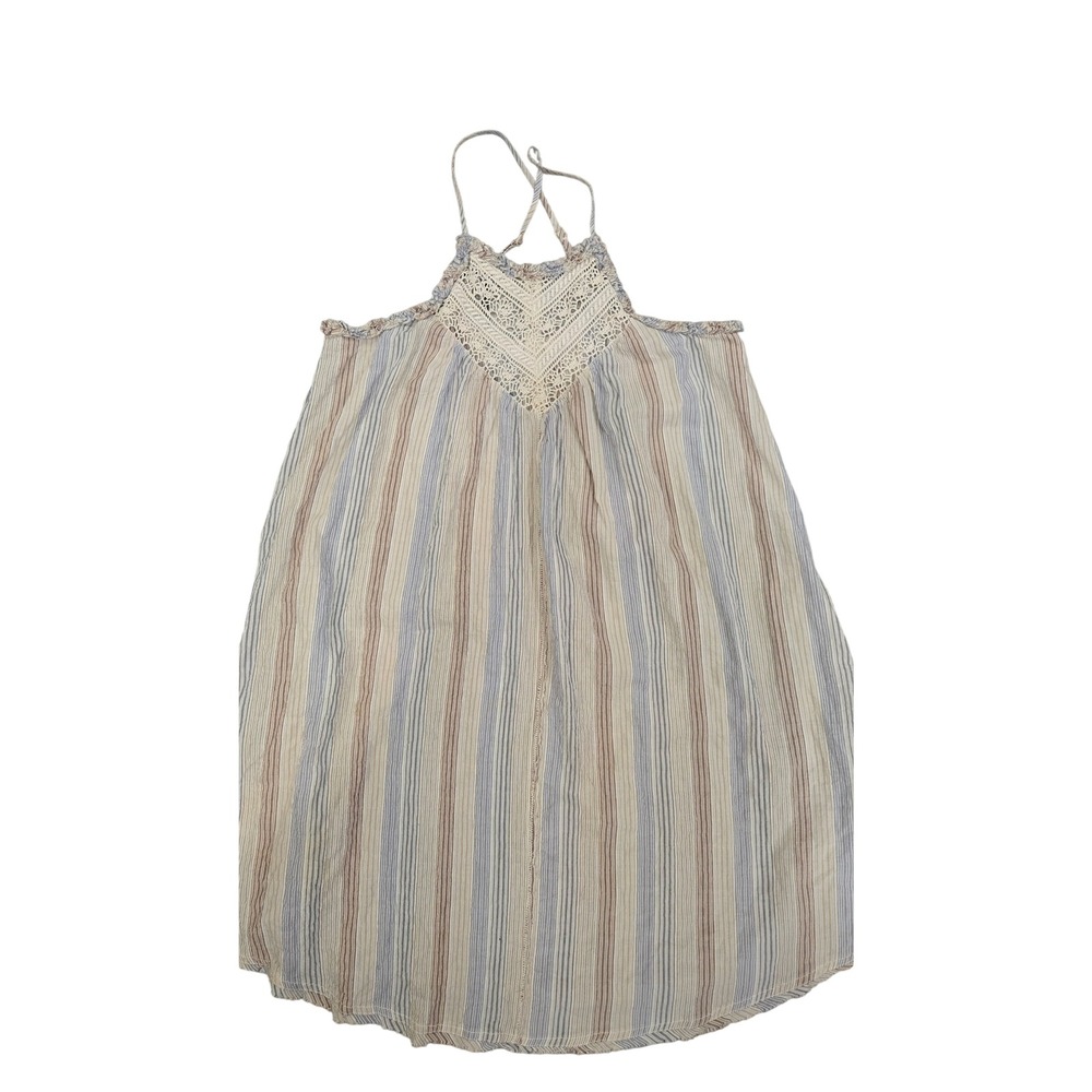 Southern Style Striped Crochet Lace Halter Dress Blue Tan Large WD171390
